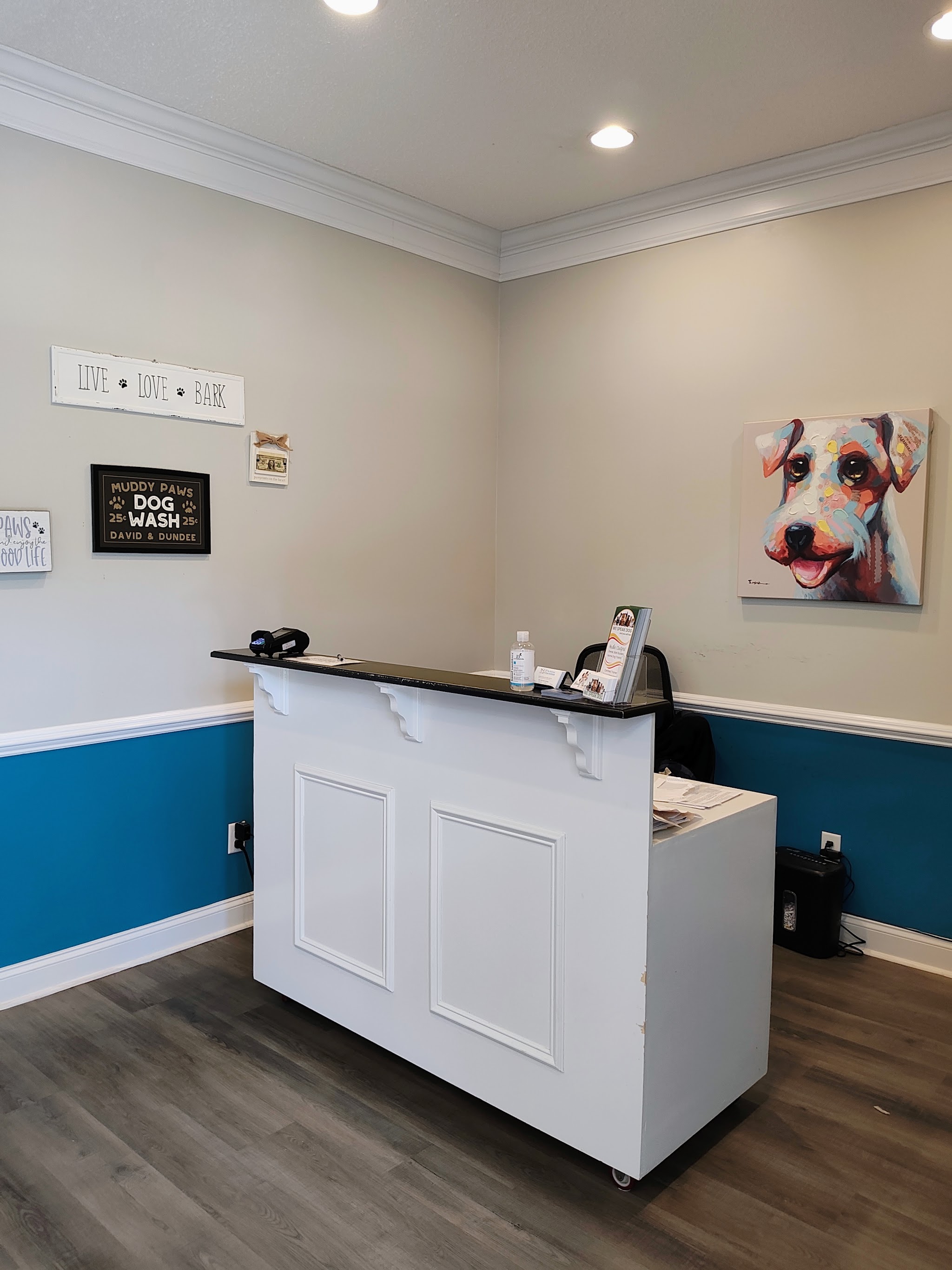 Reception desk at Muddy Paws with a dog painting on the wall